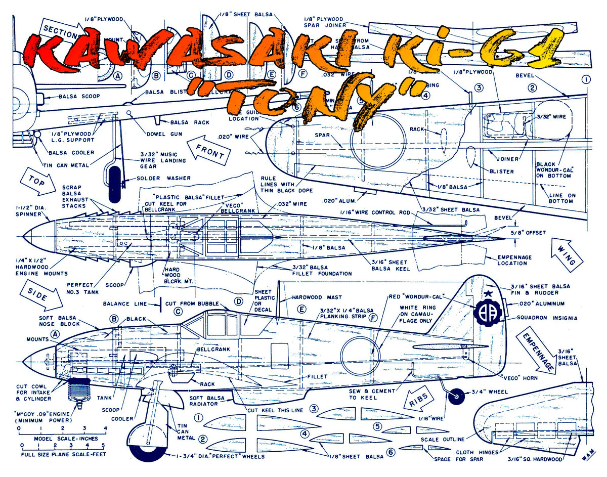 Full size Printed Plans Scale 1:16 Control Line KAWASAKI Ki-61