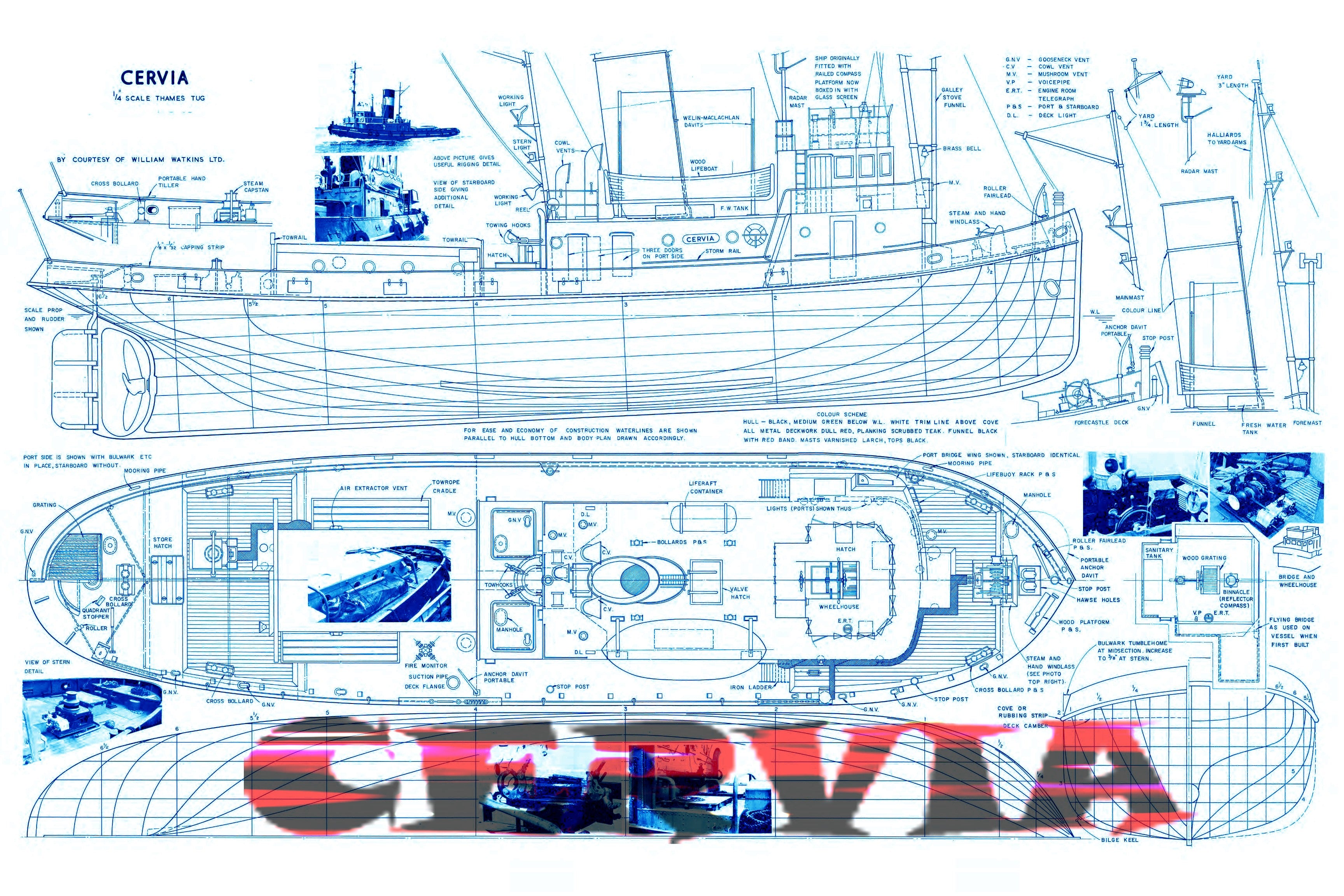 full size printed plans & article scale 1:48 l 28" cervia  thames tug