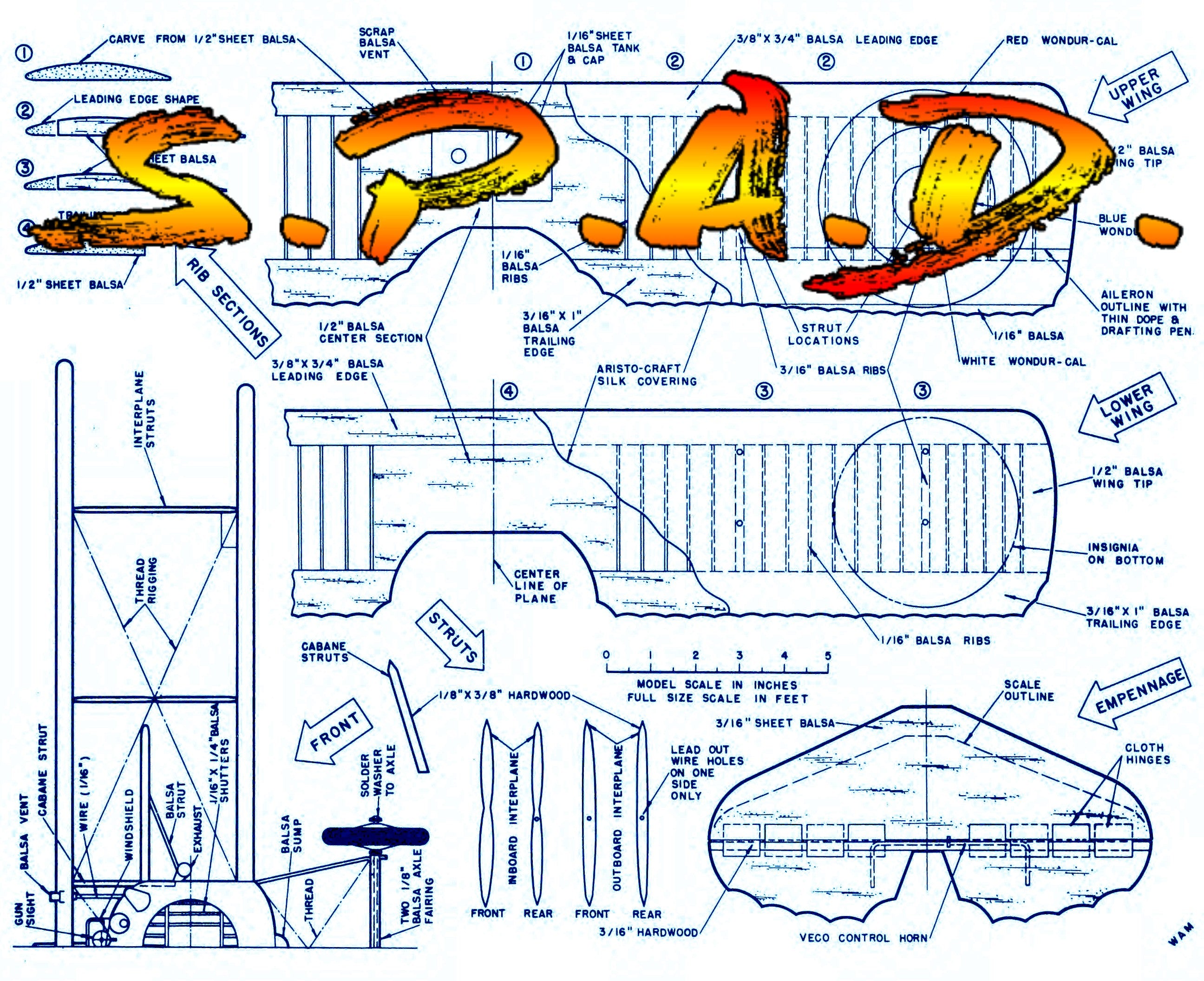 full size printed plans control line  scale 1”=1 foot s.p.a.d. wingspan 26  inches  engine .14 to .29