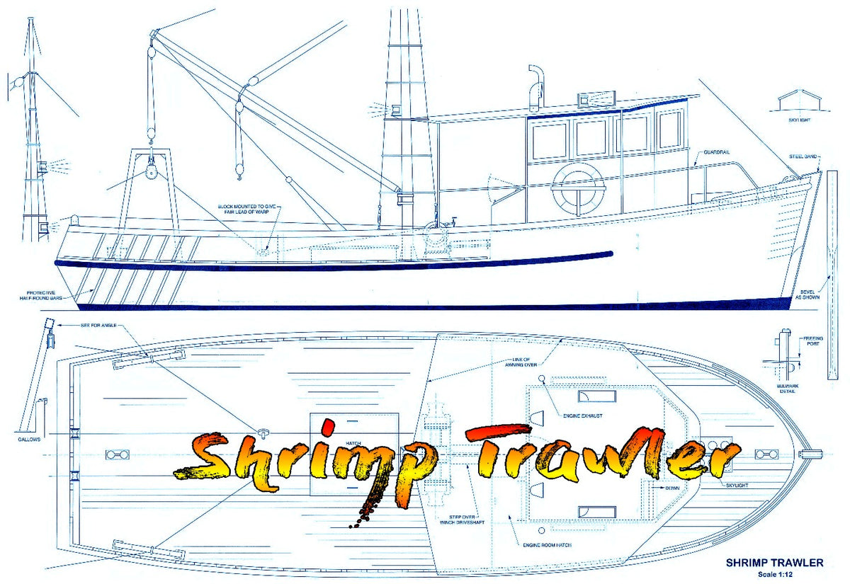 Full Size PLANS Shrimp Biloxi Fishing Boat Scale 1/2=1' Length 32” su –  Vintage Model Plans