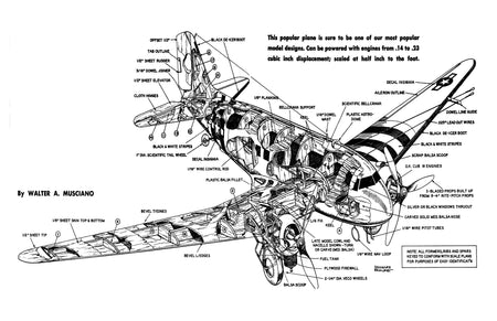 full size printed plans scale 1:24  control line douglas c-47 wingspan 47 ½”