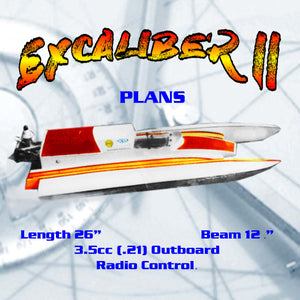 full size printed plan 3.5cc (.21) outboard length 26” tunnel hull excaliber ii for radio control