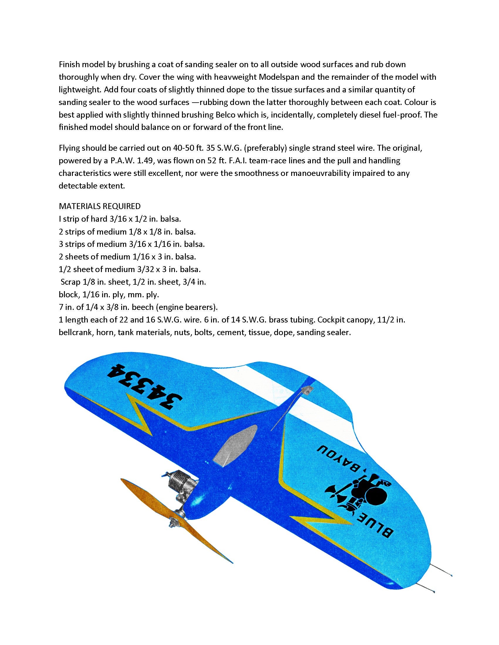full size printed plans and article combat plane blue bayou wingspan 22”  engines .051 - .09