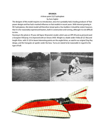full size printed plan a three-point r/c hydroplane "brianza" derived from slo-mo-shun