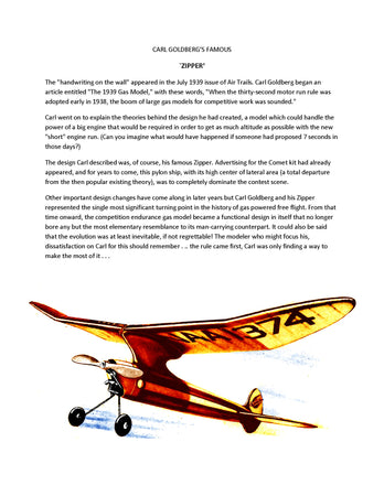 full size printed plan carl goldberg's famous vintage 1939  free flight `zipper'