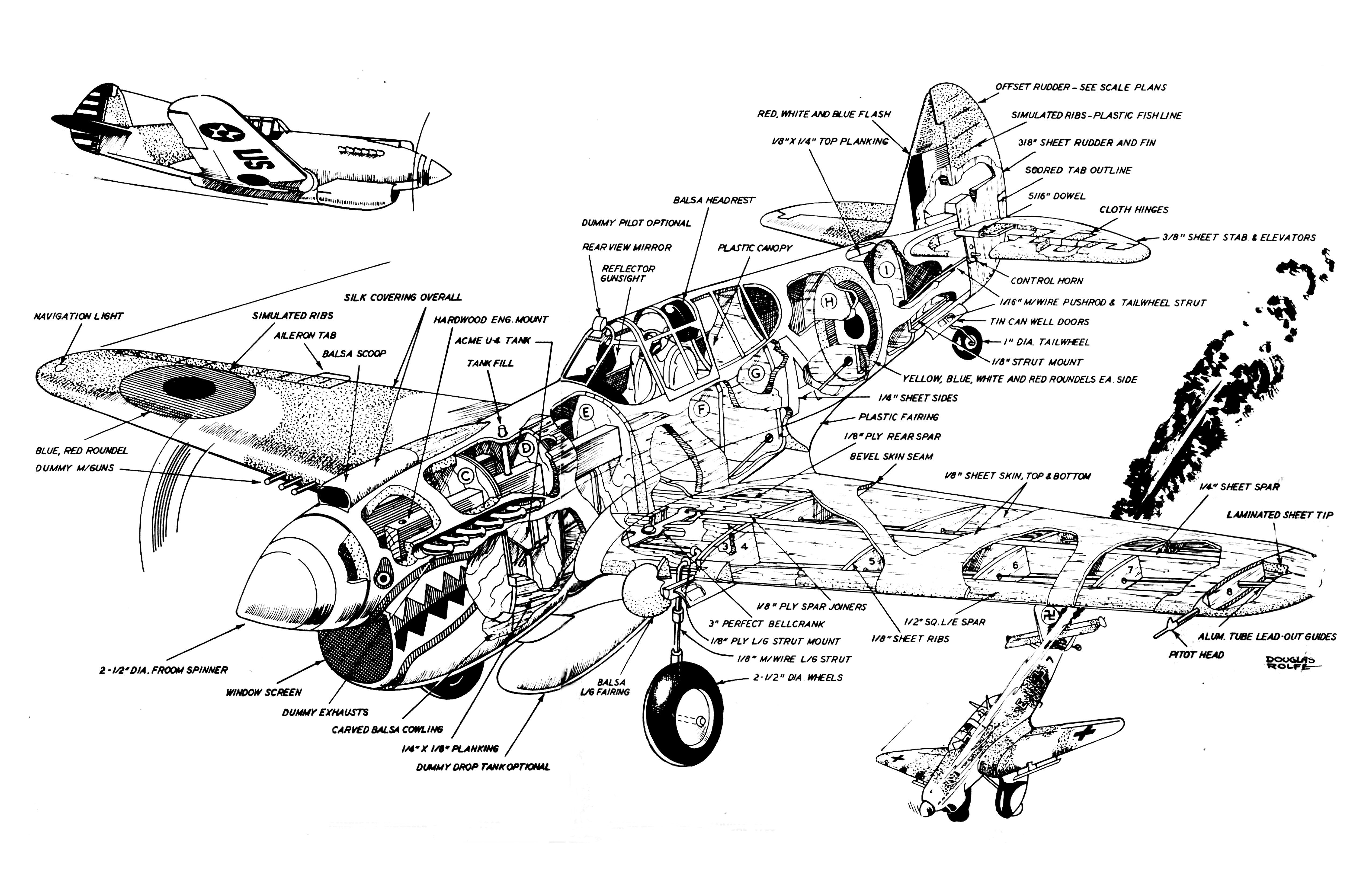 full size  plans control line  scale 1"=1' curtiss p40e kittyhawk  wingspan 37”  engine .29 to .60