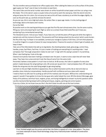 full size printed plans control line stunter cobra 7 56" span .46 engine  classic "i"-beam stunter