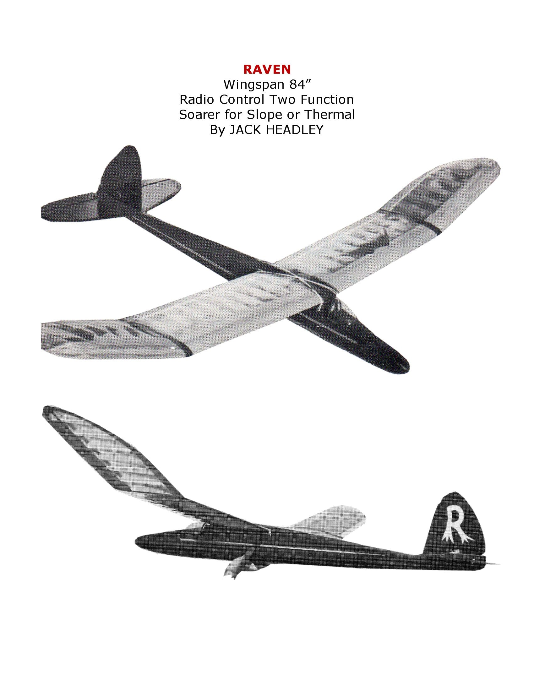 full size printed plan soarer for slope or thermal w/s 84” for radio control "raven"