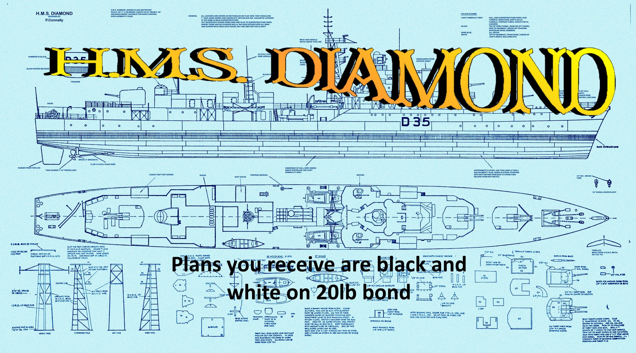 full size printed plan & article scale 1:96 daring class destroyer for radio control