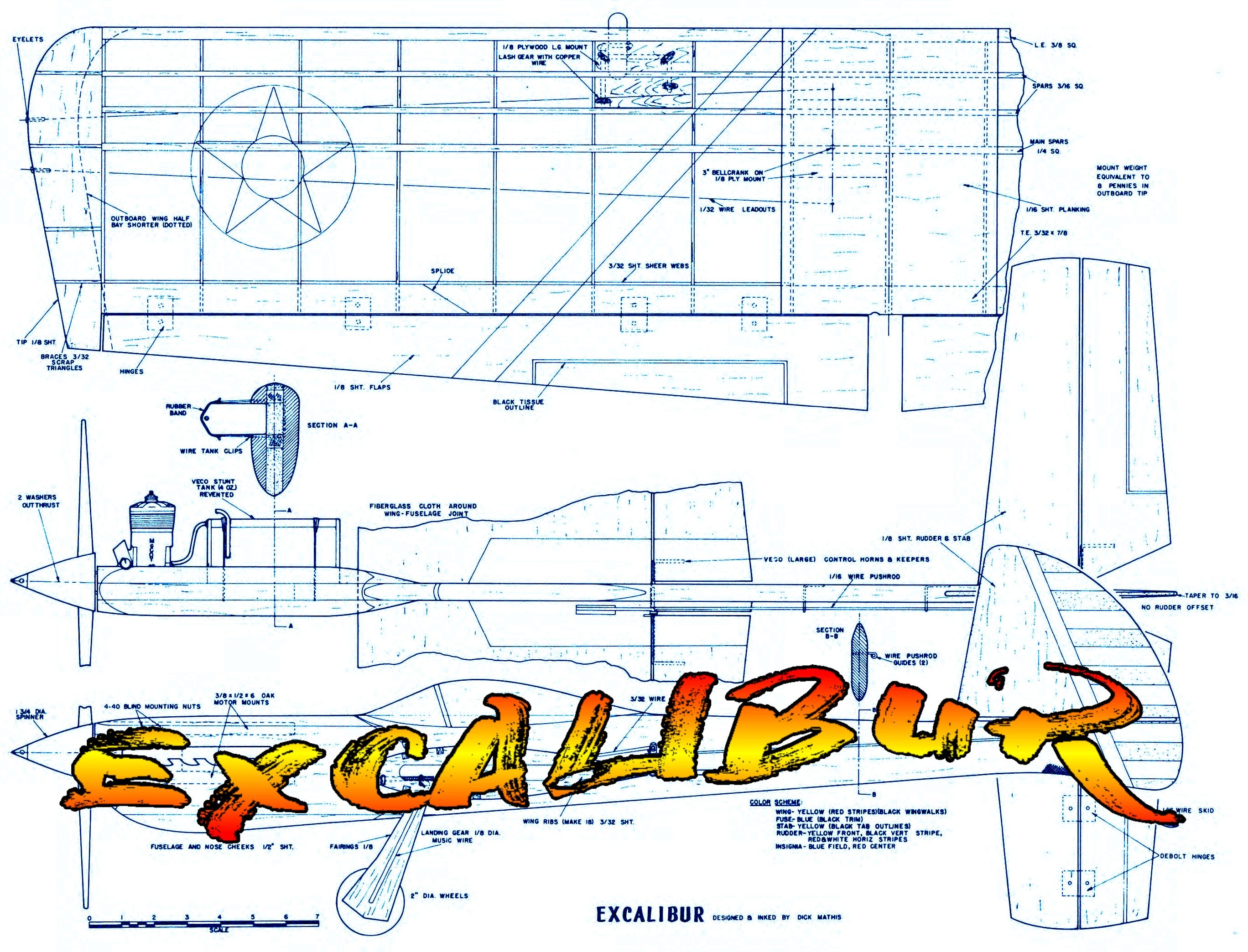 model airplane full size printed plans c/l nostalgic 30 w/s stunt 52" excalibur