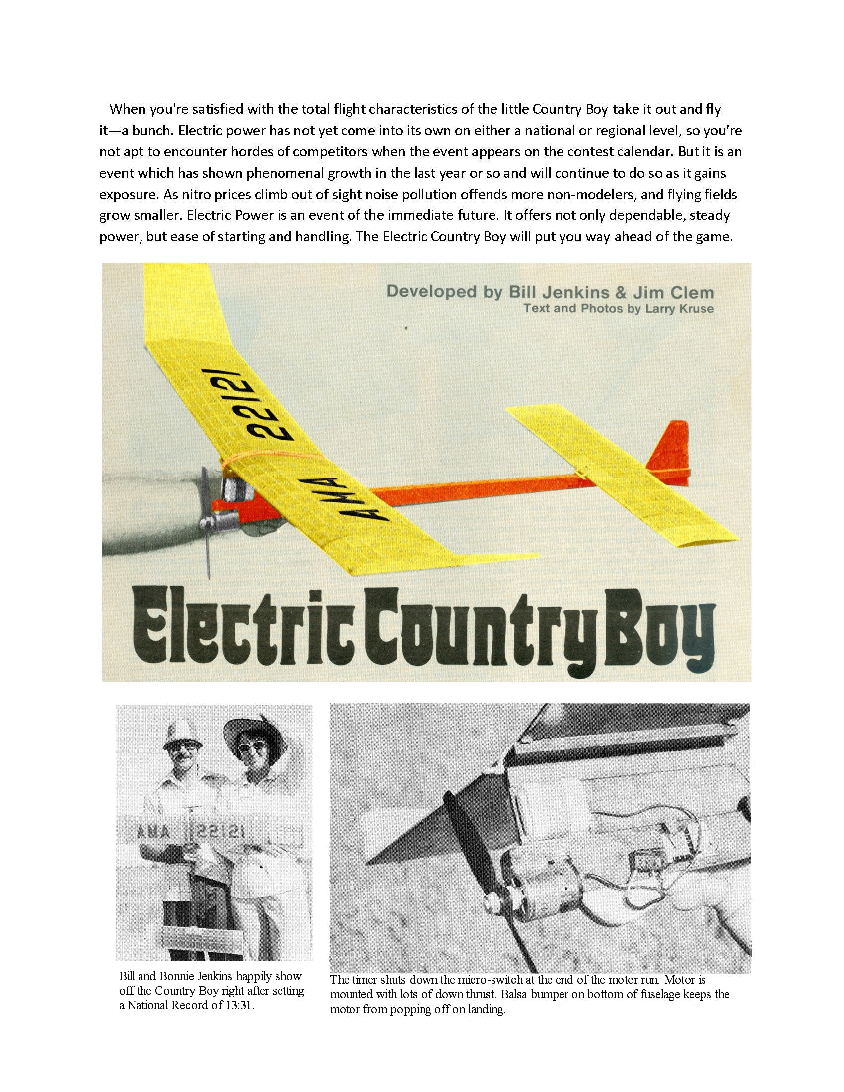 printed plan vintage 1982 electric free-flight country boy steady power, but ease of starting and handling