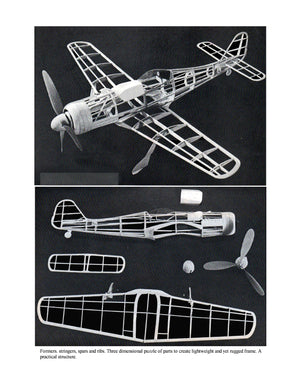 full size printed plan and building notes focke-wulf 190d9 scale 1:24 (1/2”=1ft)  wingspan 17 3/16”  power rubber