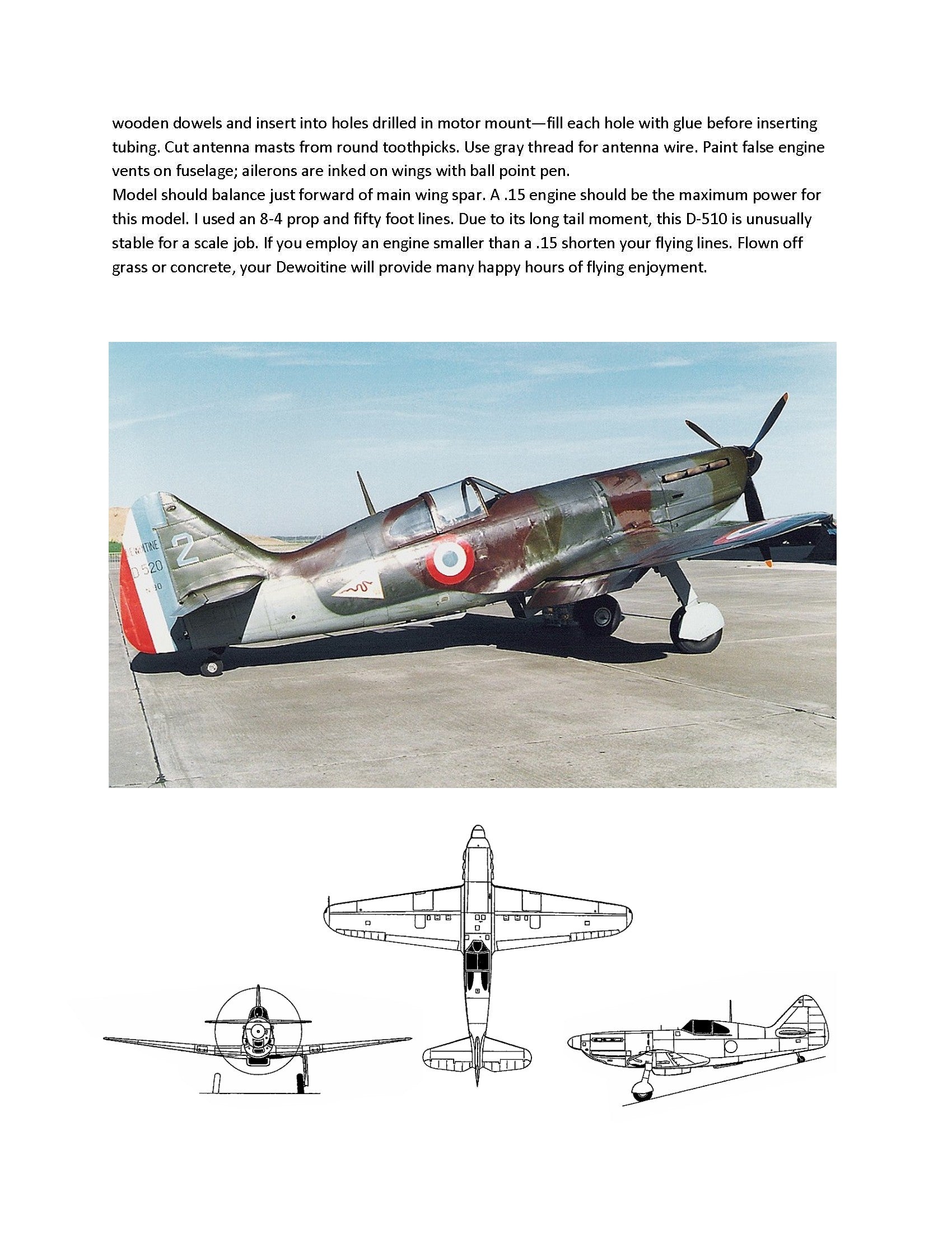 full size printed plans scale 1:16 control line dewoitine d-510