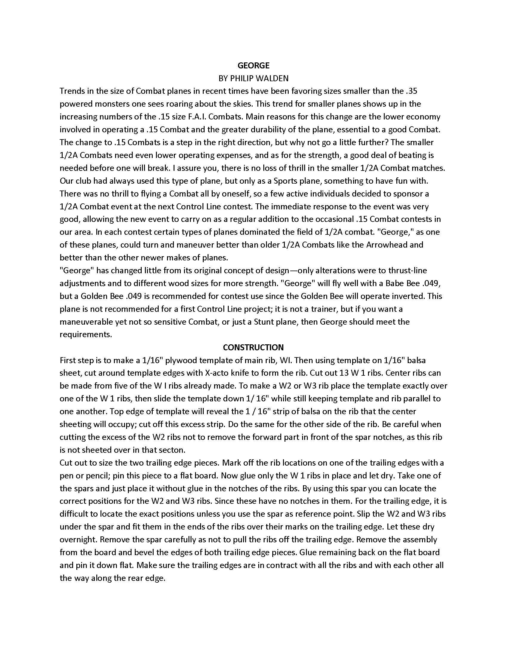 full size printed plan & building notes  half‑a combat *george* wingspan 22 inch  engine 1/2a