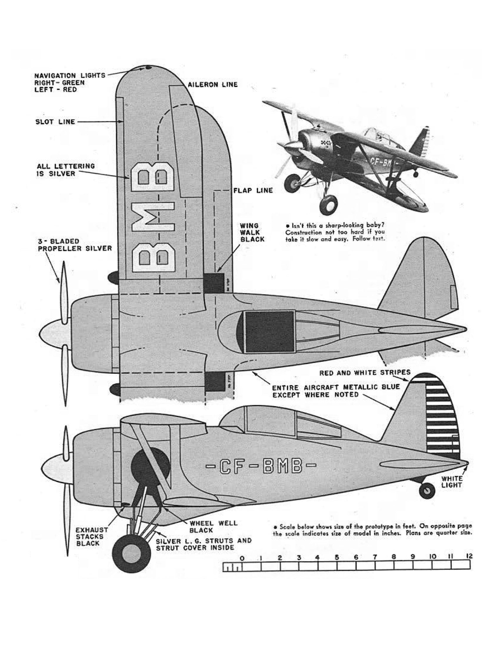 full size printed plans scale 1 ¼”=1ft  control line gregor fdb-l the last biplane fighter