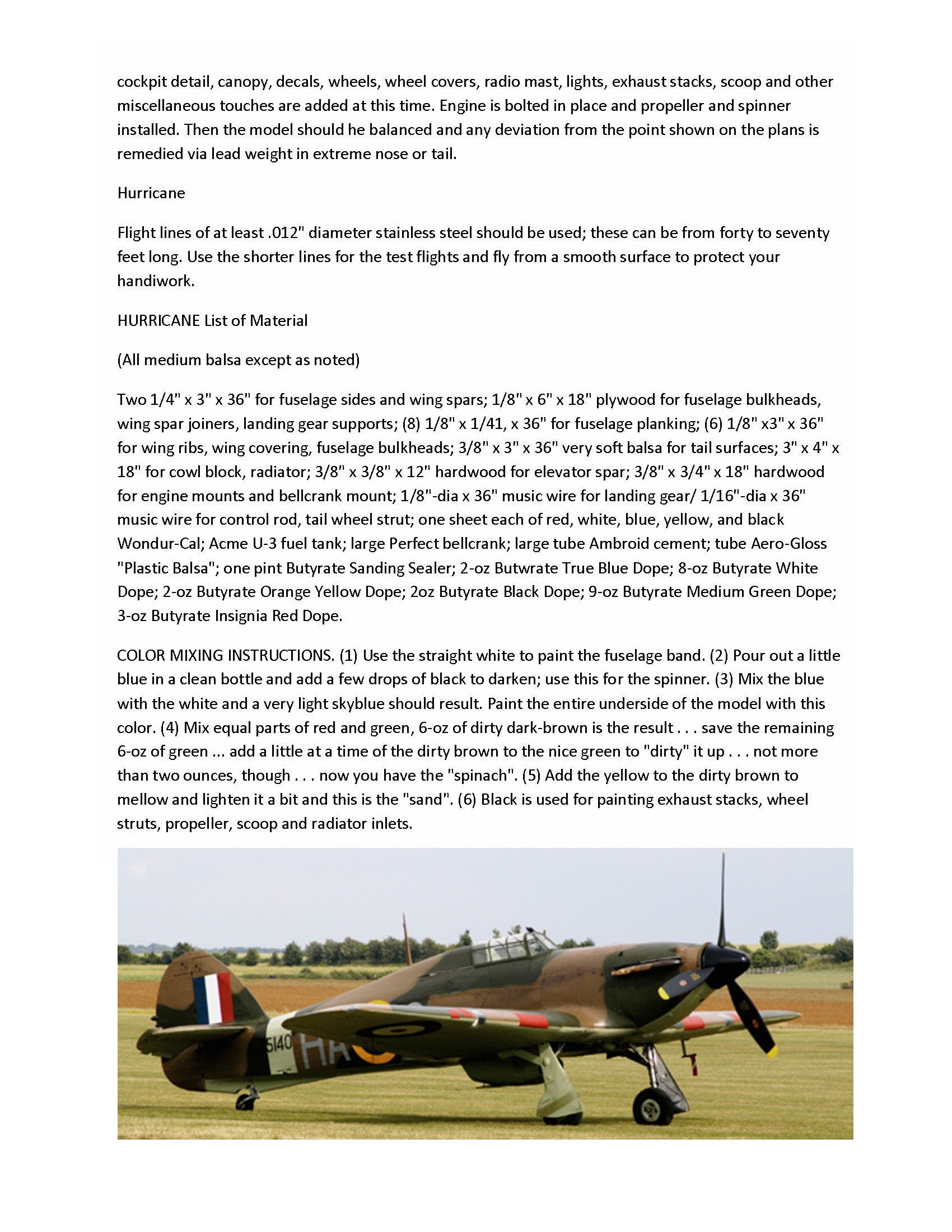full size printed plans control line scale 1”= 1’ wingspan 40” hawker hurricane