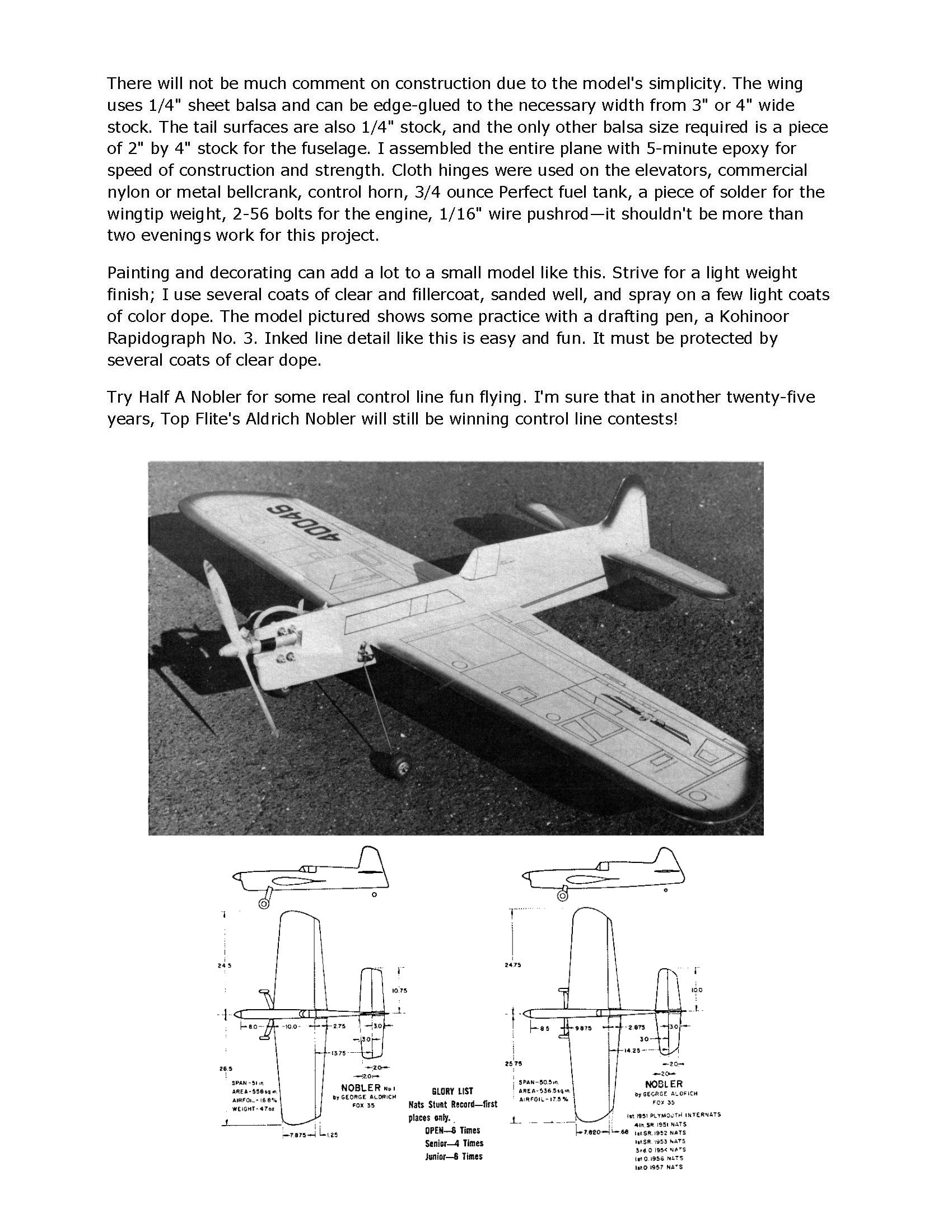 full size printed plan a good stunt trainer half a nobler control line  wingspan 27”  engine .049