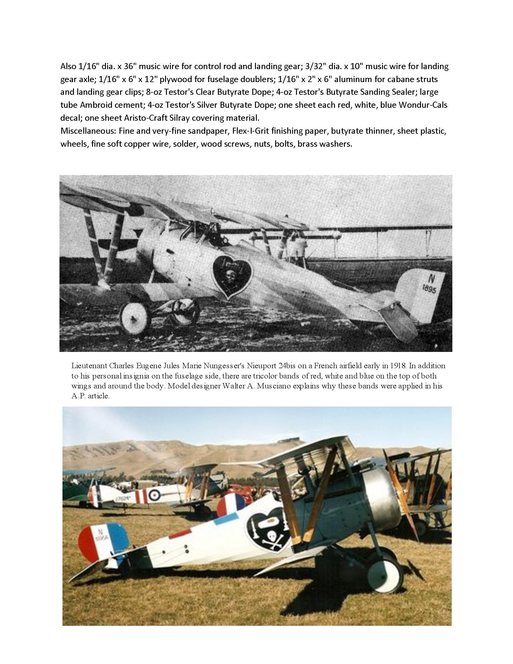 full size printed plans control line  scale 1” = 1’ nieuport 24bis wingspan 27”  engines .14 - .29
