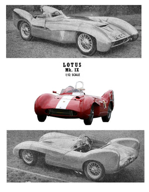 full size printed plan 1/12 scale, lotus mk. ix  for .03 - 09 ci or .5 - 1.5 cc  motors, rail or cable track
