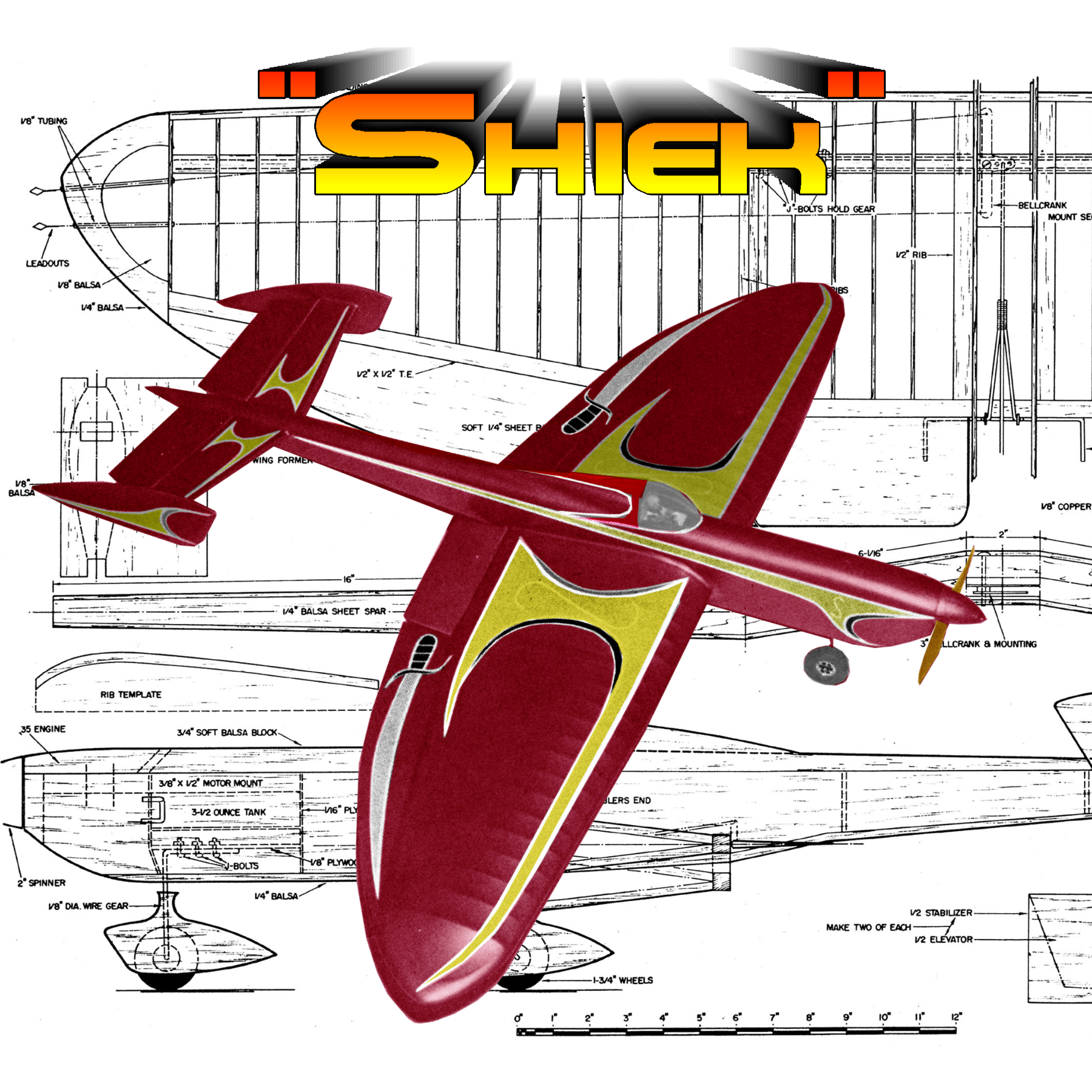 full size printed plans and article w/s 52" .35 engine shiek classic stunt
