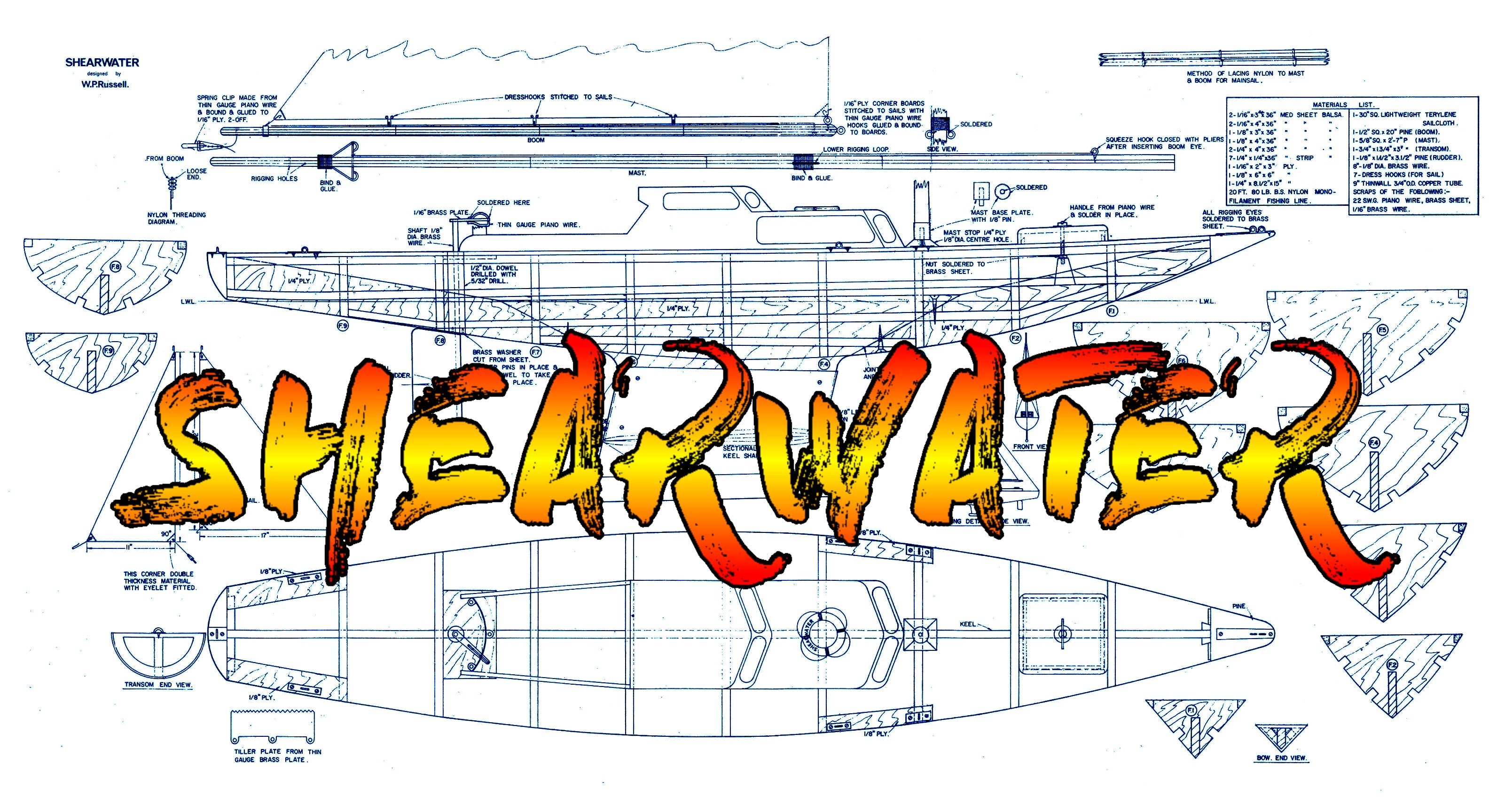 full size printed plan  simple-to-build. sloop shearwater sailboat suitable for radio control