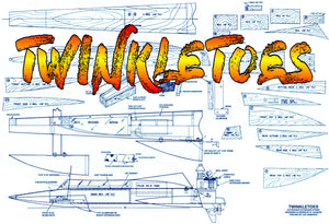 full size printed plan twinkletoes outrigger hydro  length 29”  engine 3.5cc outboard  for radio control