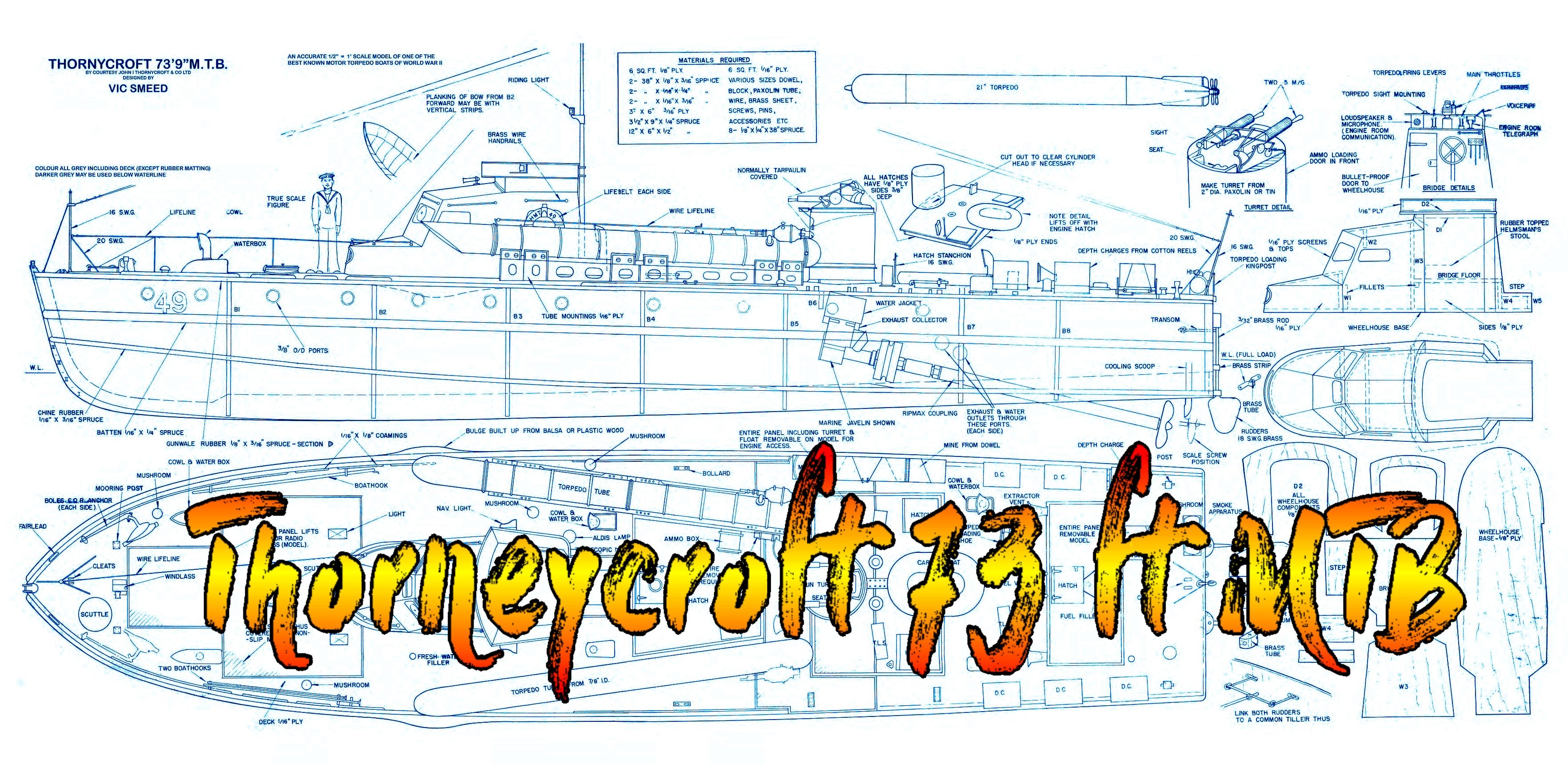 full size printed plan scale 1:24 thorneycroft 73 ft mtb power electric or gas  suitable for radio control