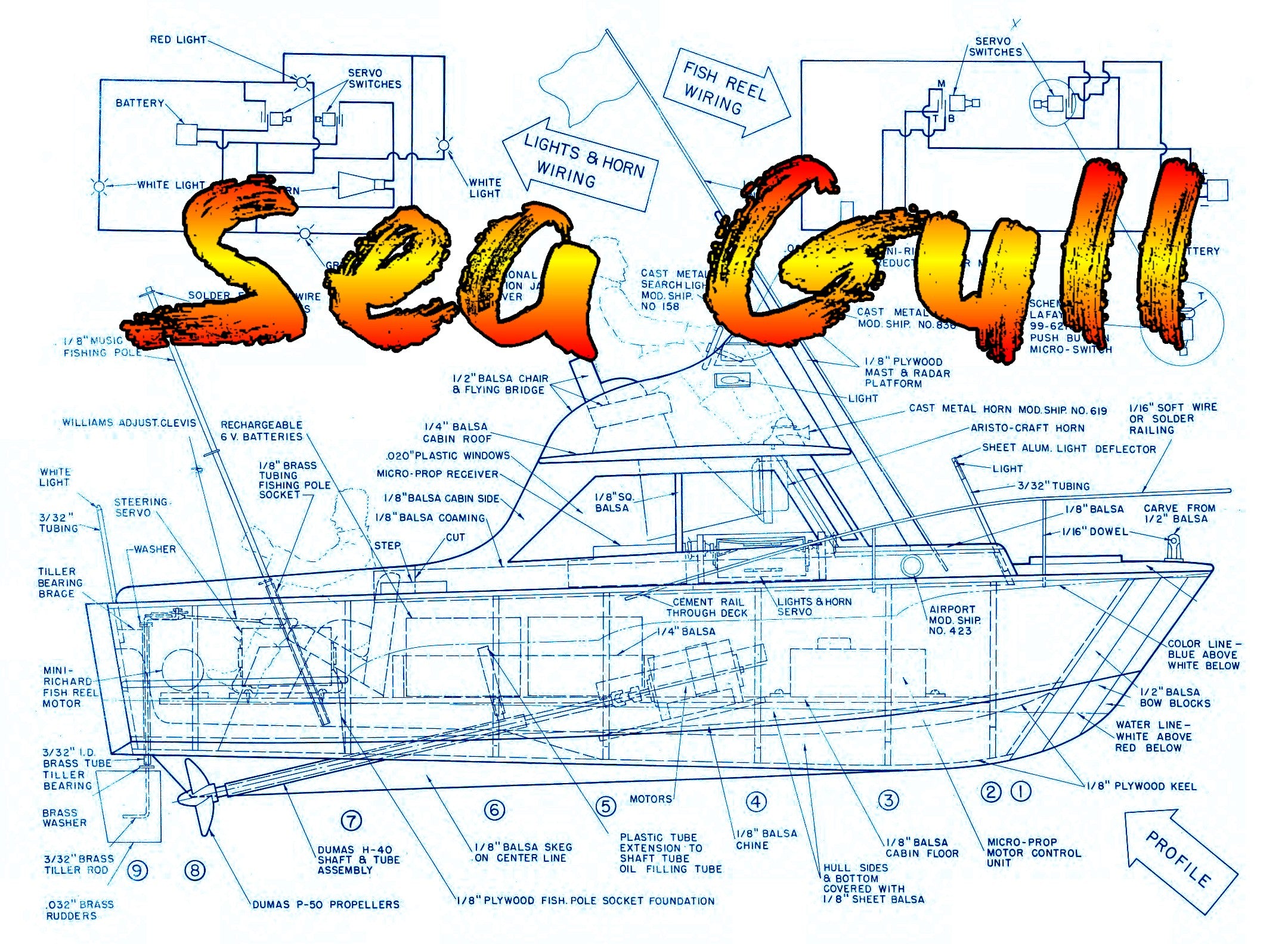 full size printed plan sport fishing boat 27" sea gull multi-channel radio control