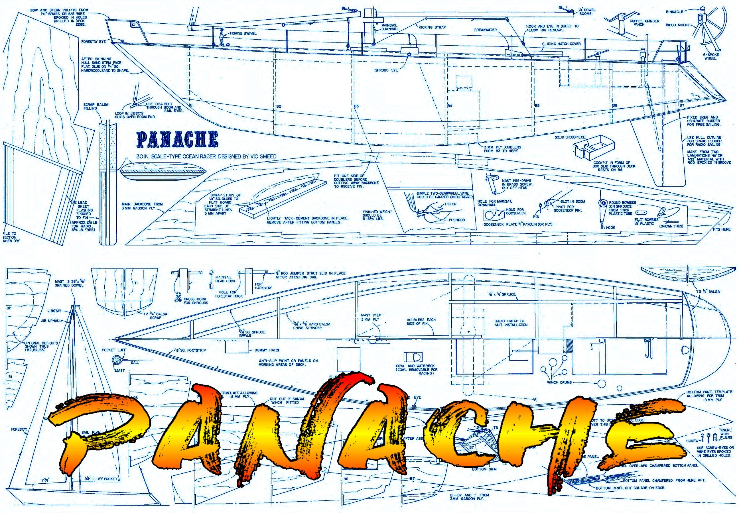 full size printed plans  scale 1:12 ocean racer sailboat 30" suitable for radio control