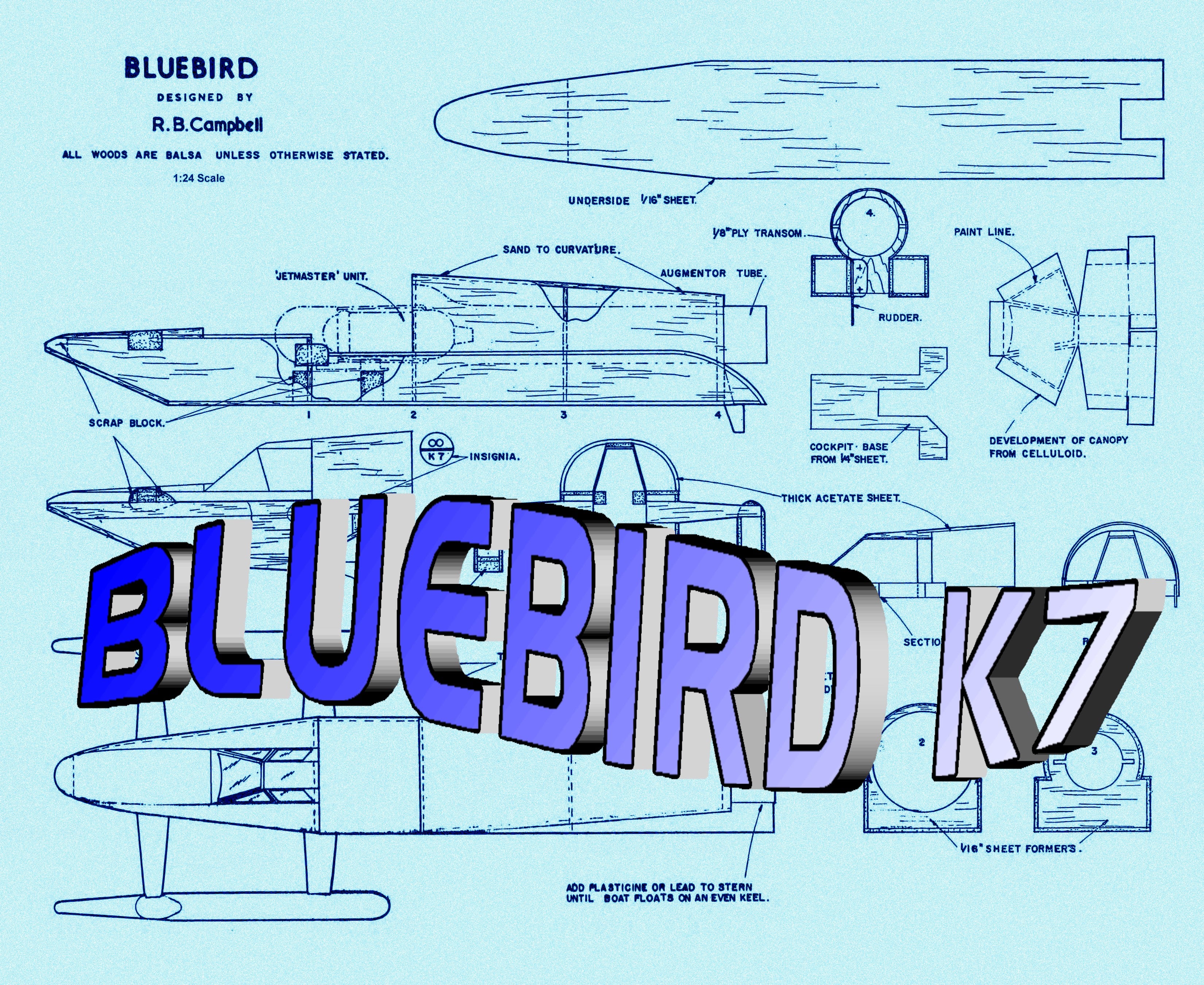 build semi-scale 1:24 bluebird k7 water speed boat full size printed plan & article