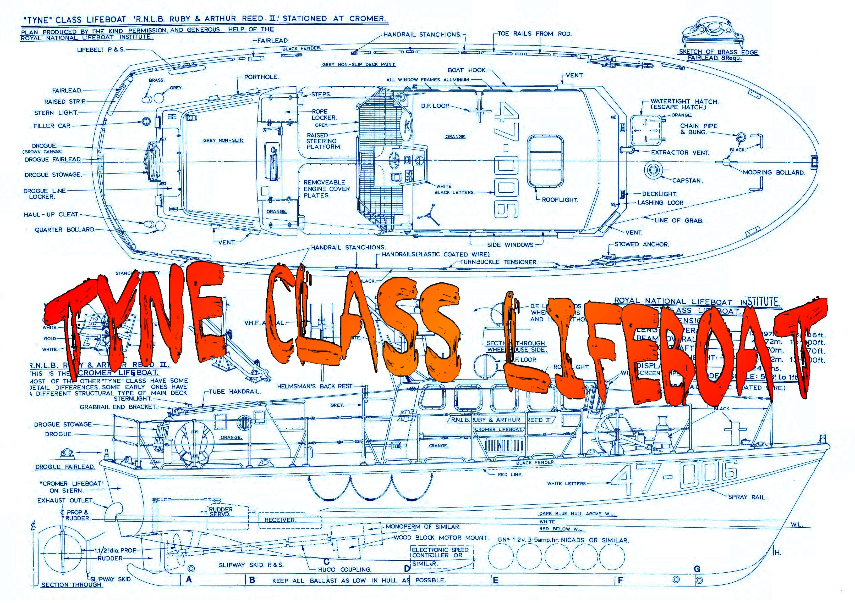 build a scale; 5/8 in. to 1 ft.  l 31 in.tyne class lifeboat full size printed plans and building notes