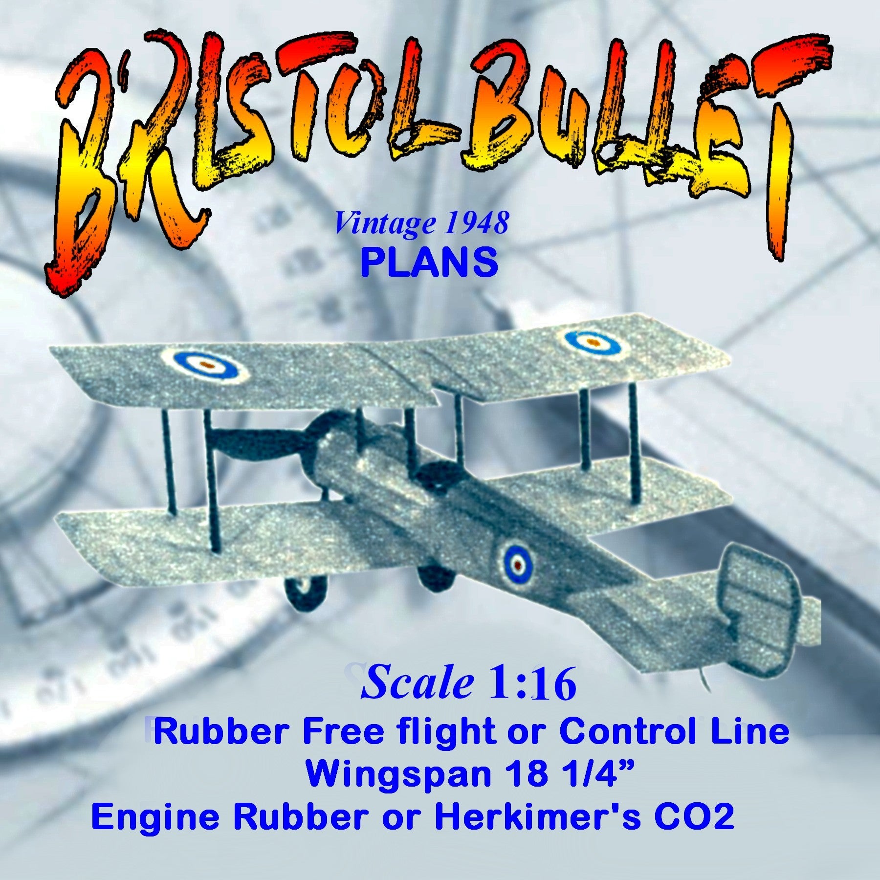 full size printed plans scale 1:16 free flight or control line bristol bullet power rubber or co2