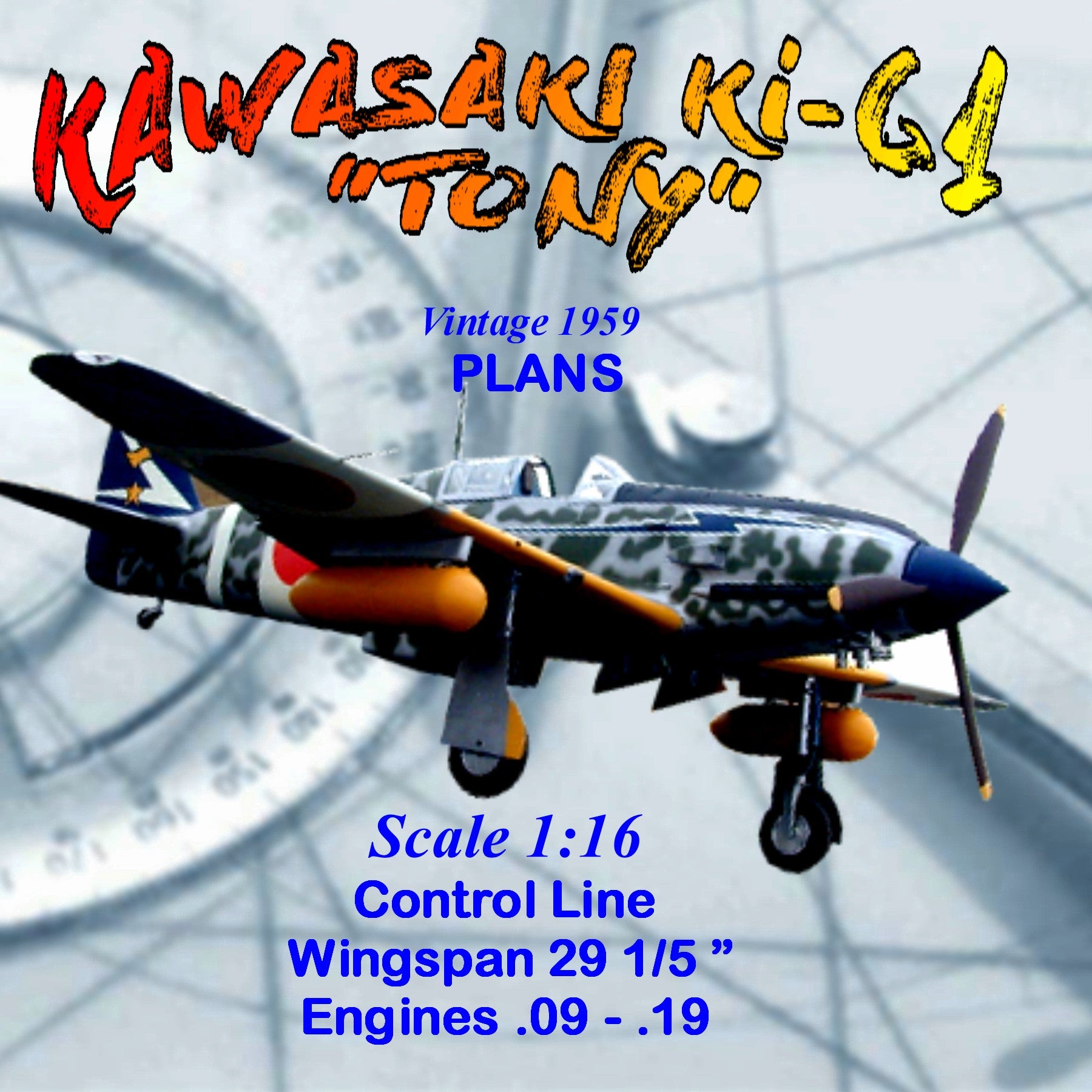 full size printed plans scale 1:16  control line kawasaki ki-61 “tony” sport flying