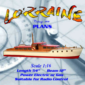 full size printed plan elegant motor yacht scale 1:16 l54" "lorraine" suitable for radio control