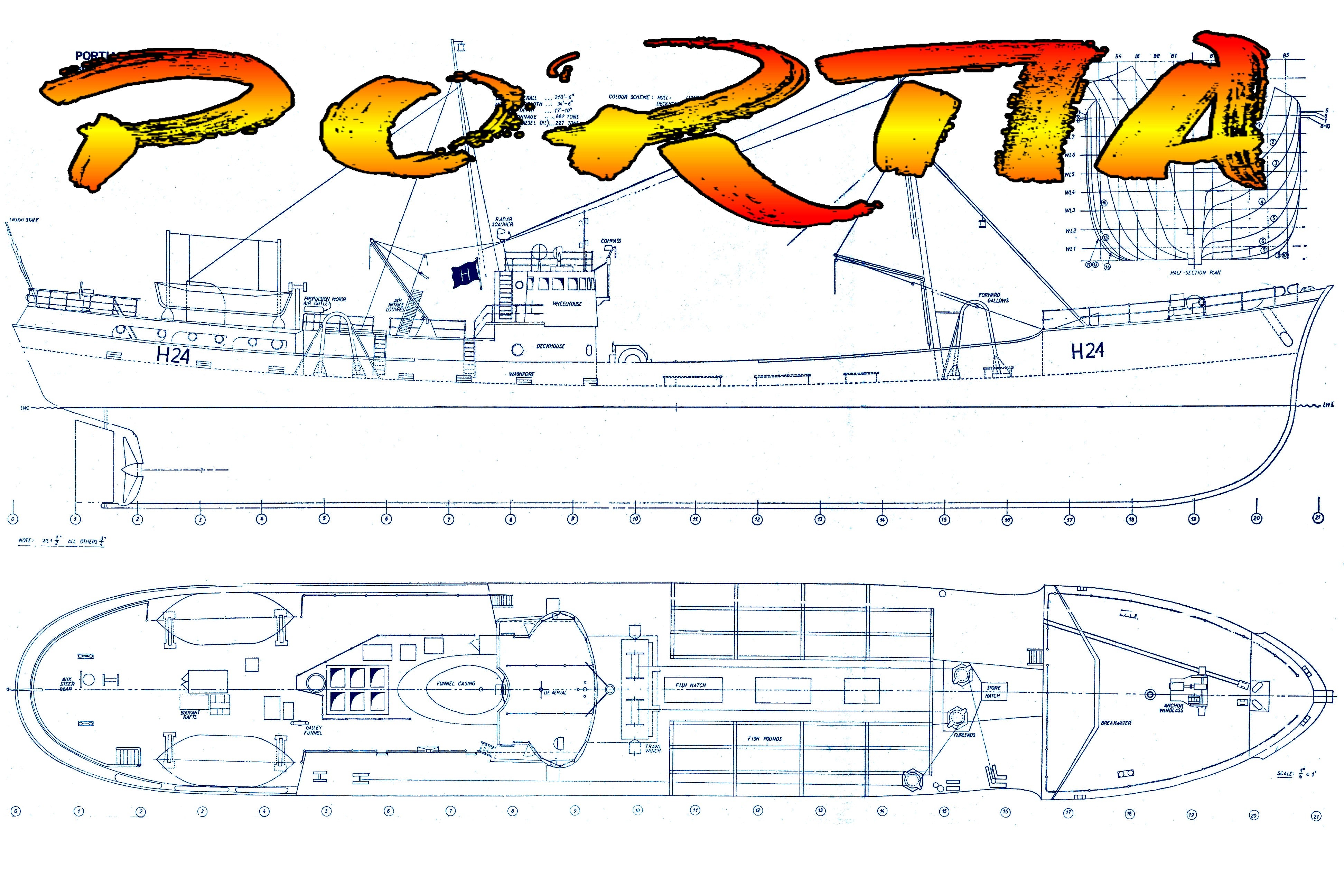 full size printed plan scale 1:48 britain's largest and fastest trawle 'portia' suitable for radio control
