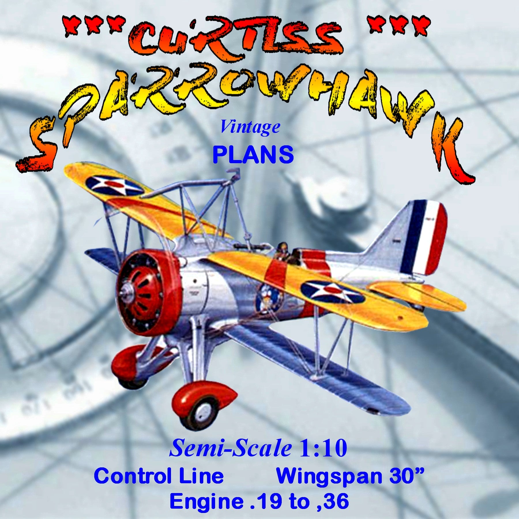 full size printed plans control line  scale 1:10 curtiss sparrowhawk shipboard fighter.