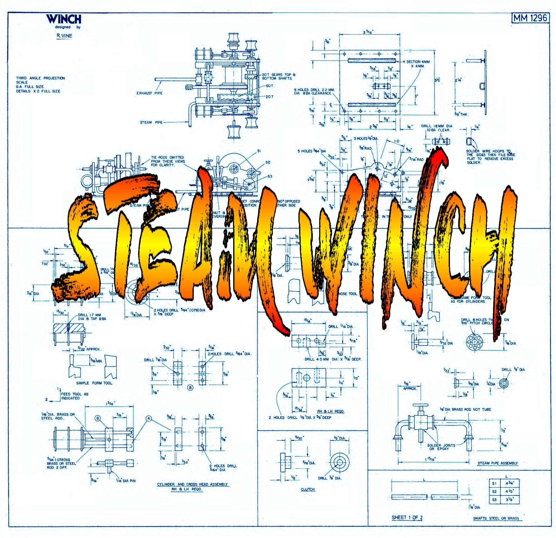 full size printed plan scale 1:24 for ship model or display steam winch