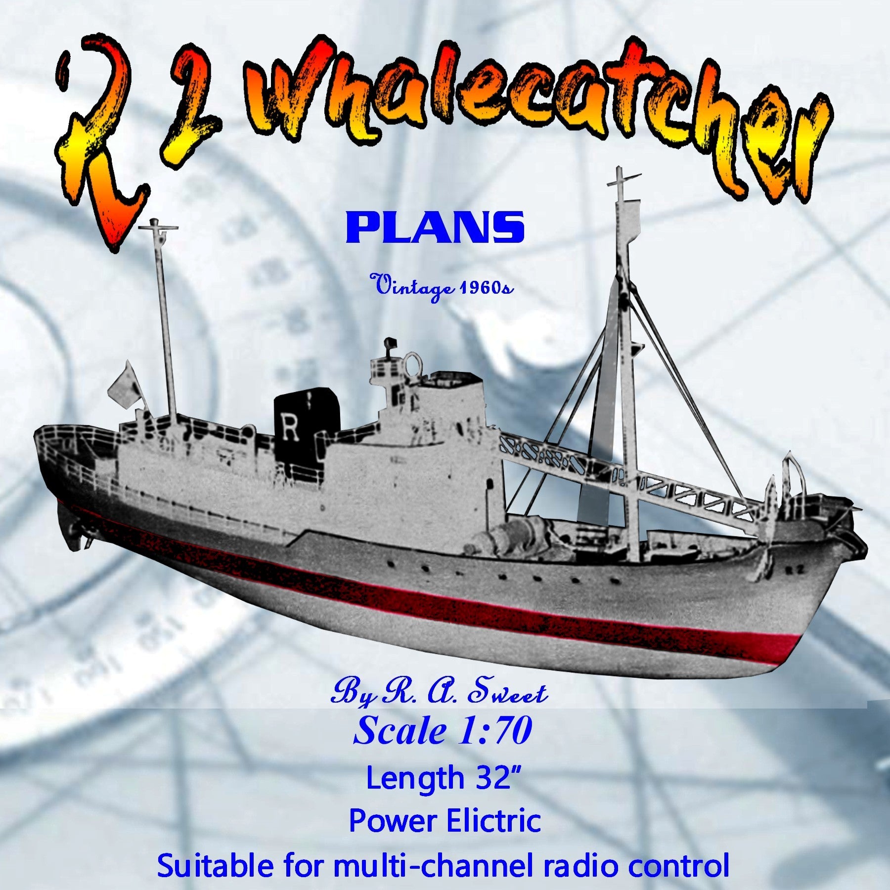 full size printed plan vintage 1960s " r‑2 whalecatcher" semi scale for radio control