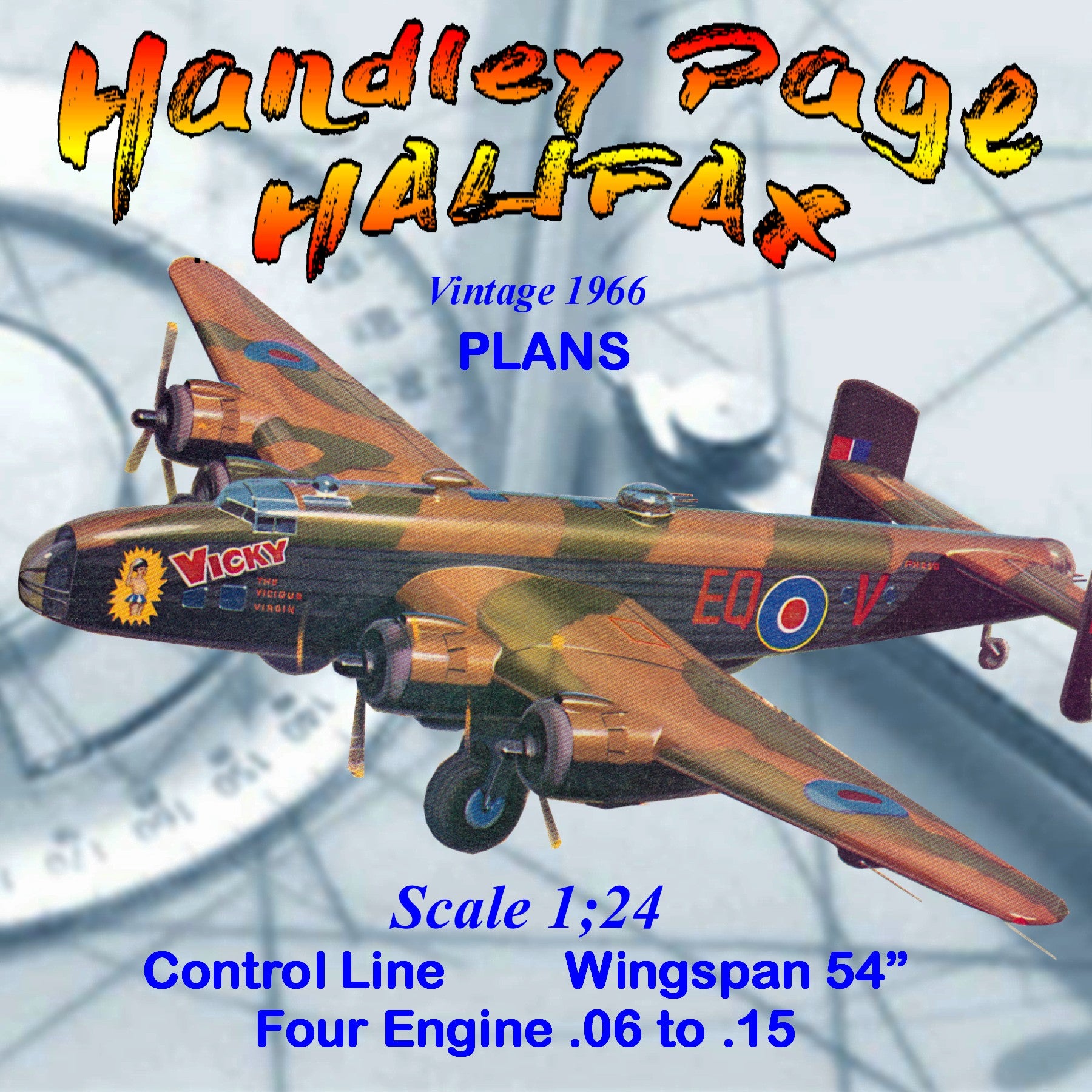 full size printed plans scale 1:24  control line handley page halifax no difficulty in building the model.