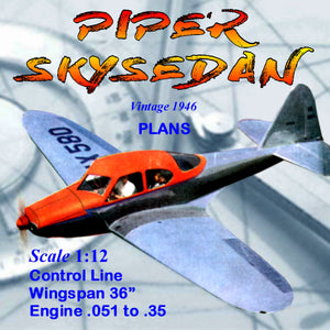 full size printed plans scale 1:12  control line piper skysedan piper easy to build, easy to fly