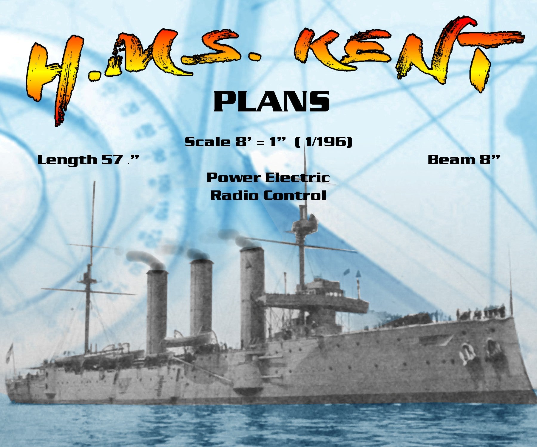full size printed plans  scale 8’ = 1” ( 1/196) armoured cruiser  length 57 3/4" for radio control