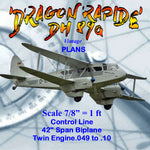 full size printed plans scale 7/8” = 1 ‘  control line 'dragon rapide' dh 89a 42" span biplane
