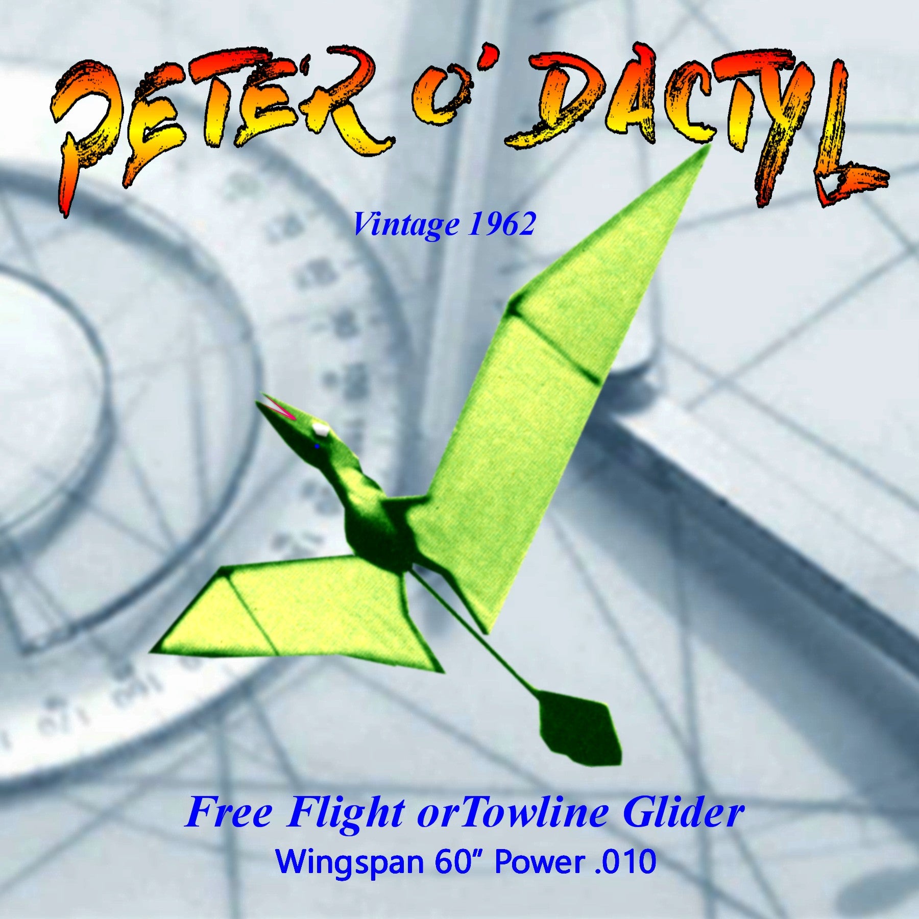 full size printed plan peter o'dactyl free-flight reptile .010 or towline glider