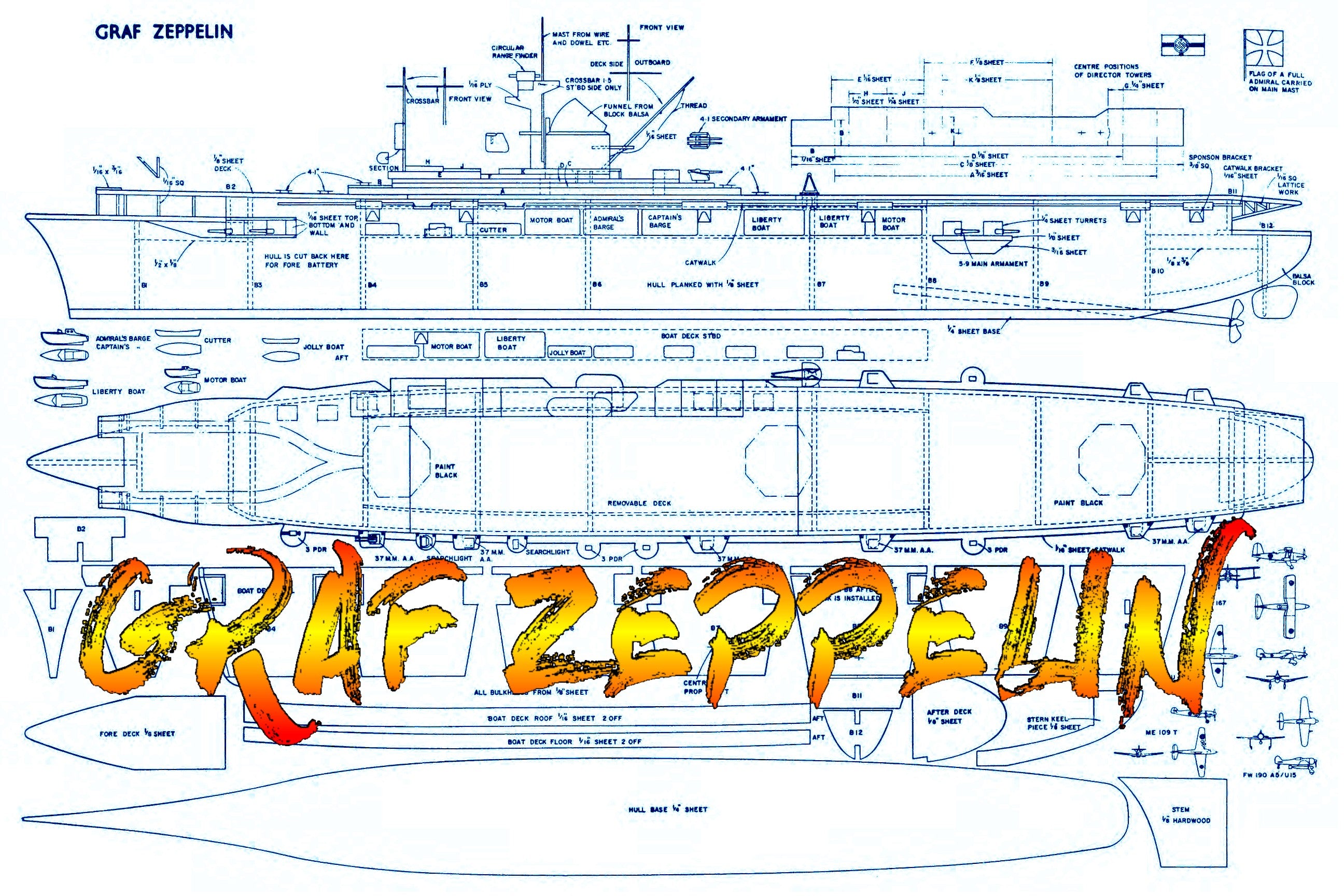 full size printed plans vintage 1962 semi-scale 1:300 “graf zeppelin” germany's only aircraft carrier.