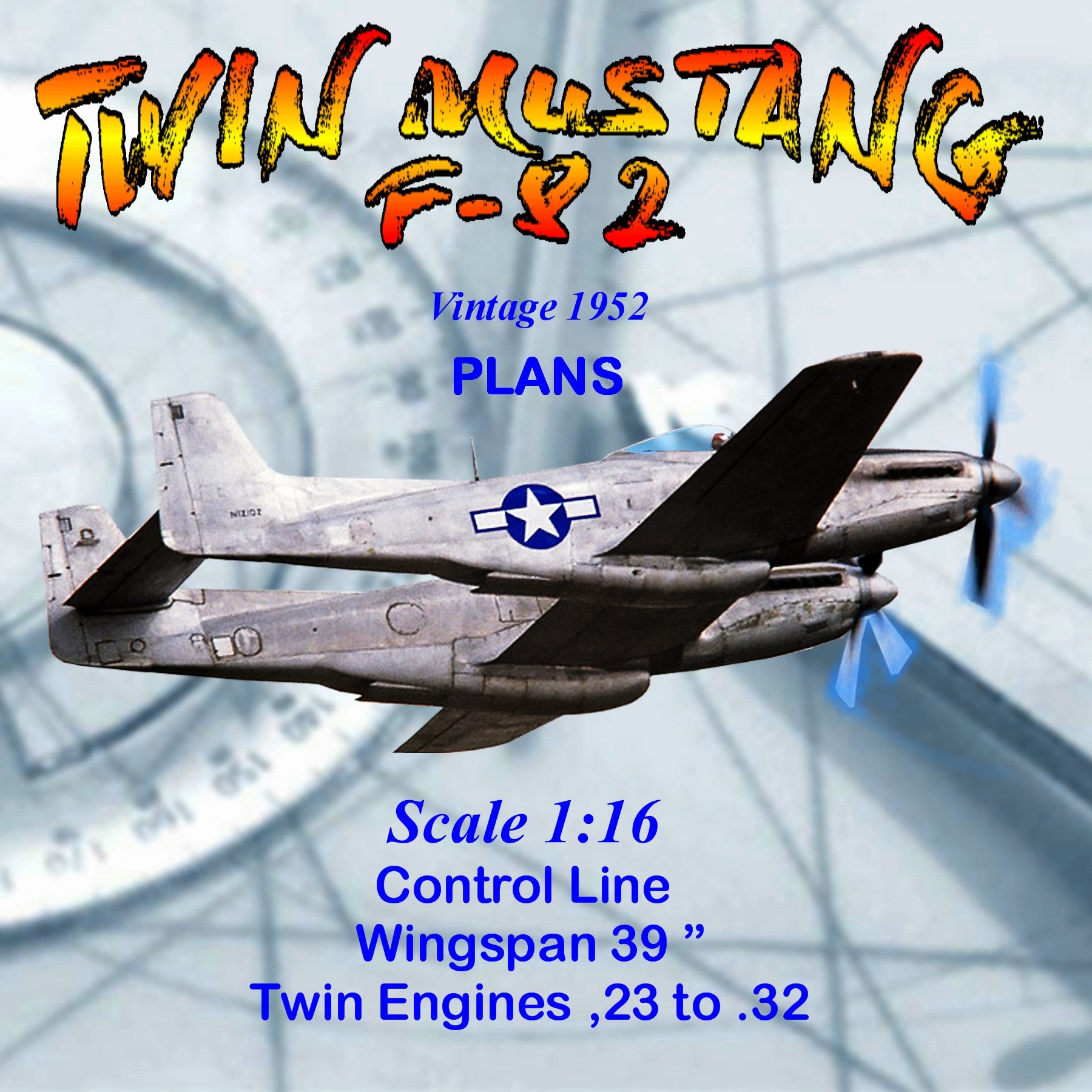 full size printed plans scale 1:16  control line f 82 twin mustang good twin engine model