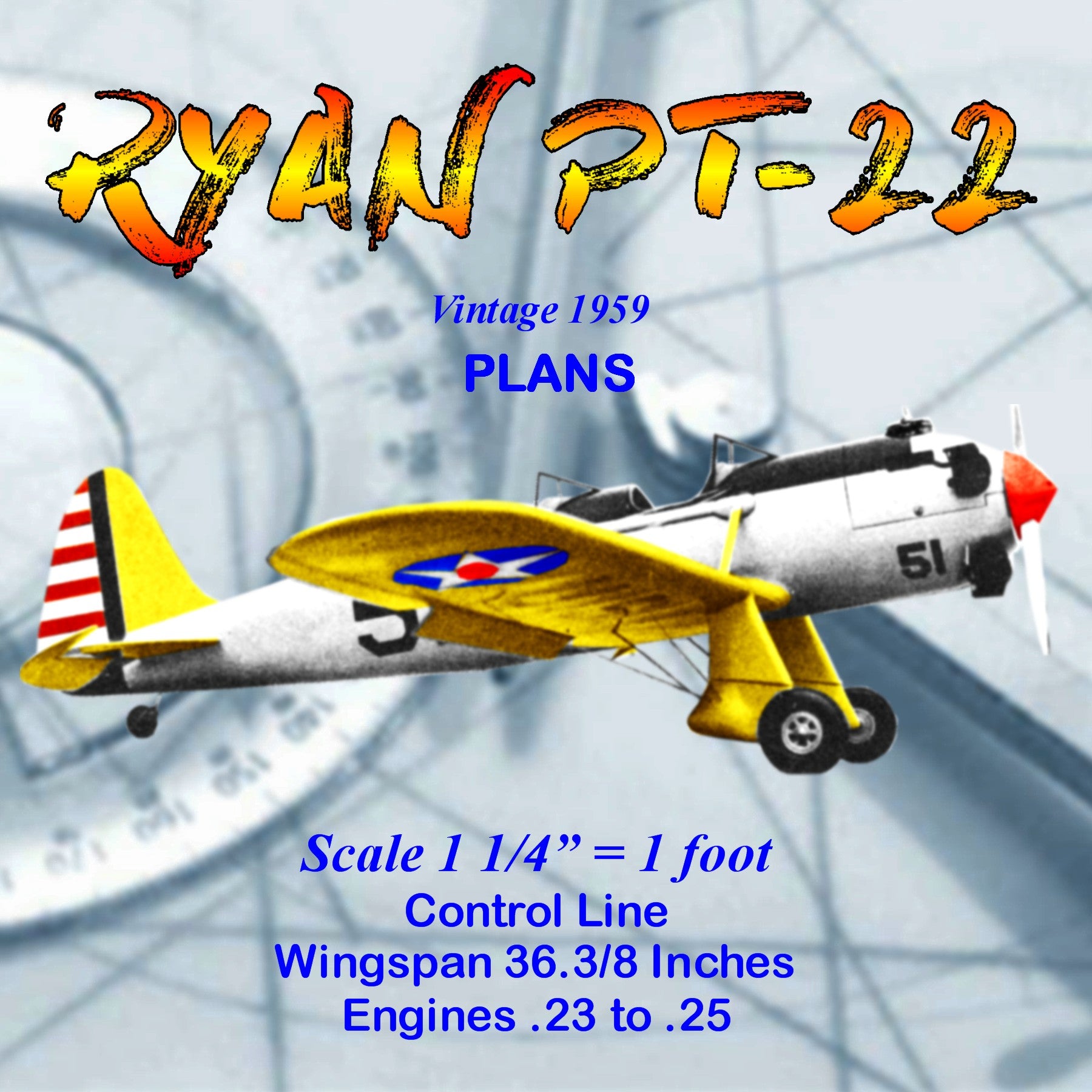 full size printed plans scale 1 1/4” = 1ft  control line  reliable throttle and flaps ryan pt-22