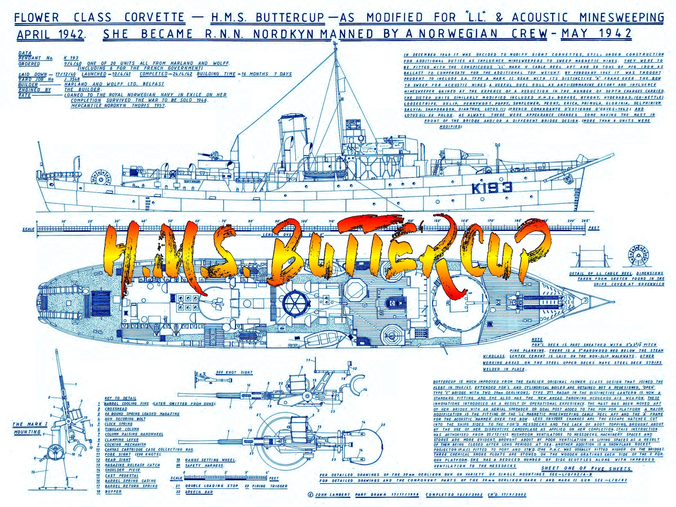 listing is for scale drawings h.m.s. buttercup corvette, flower class - k.193  scale 1:96