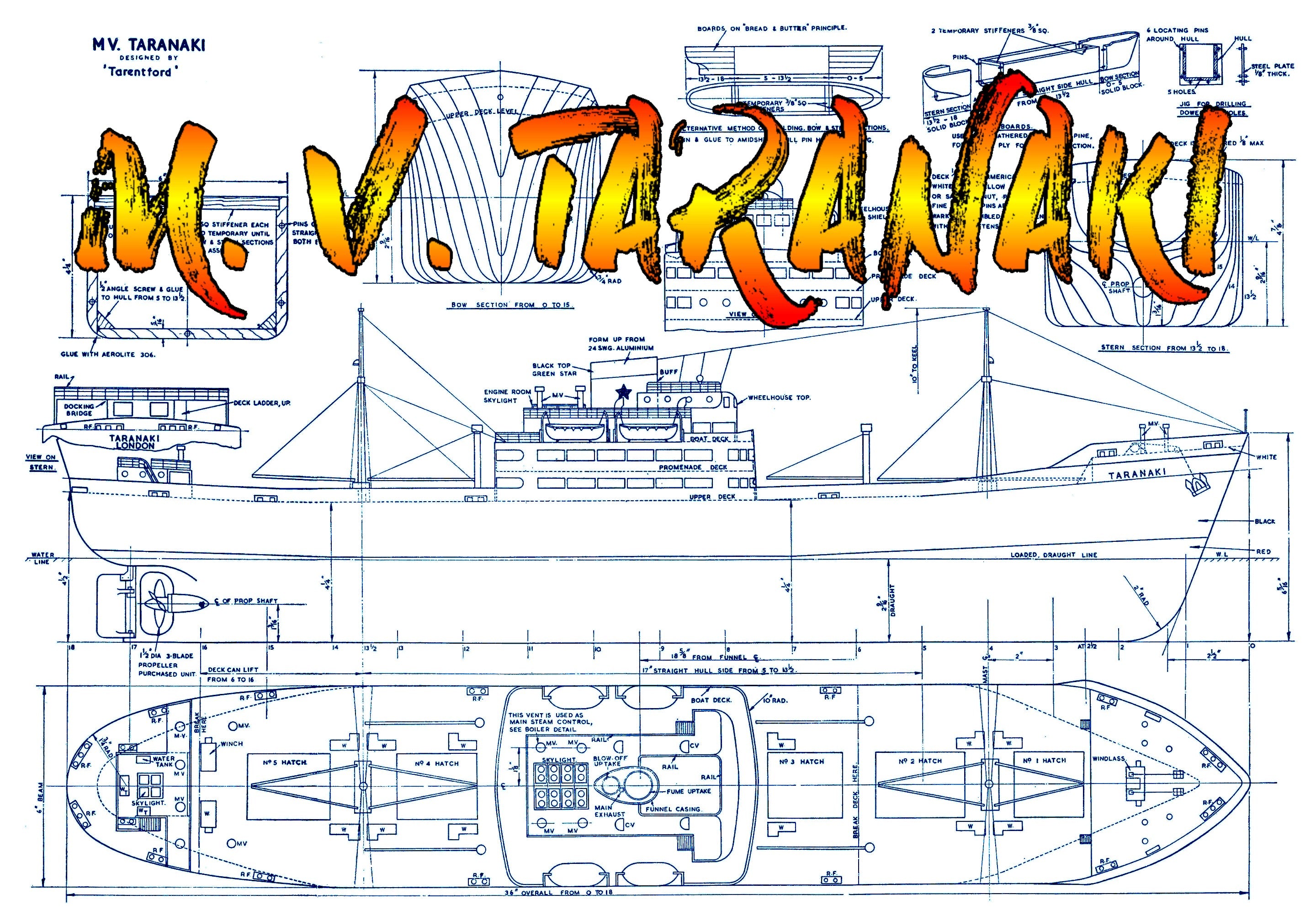 full size printed plan semi scale 1:144  cargo passenger ship m.v. taranaki suitable for radio control