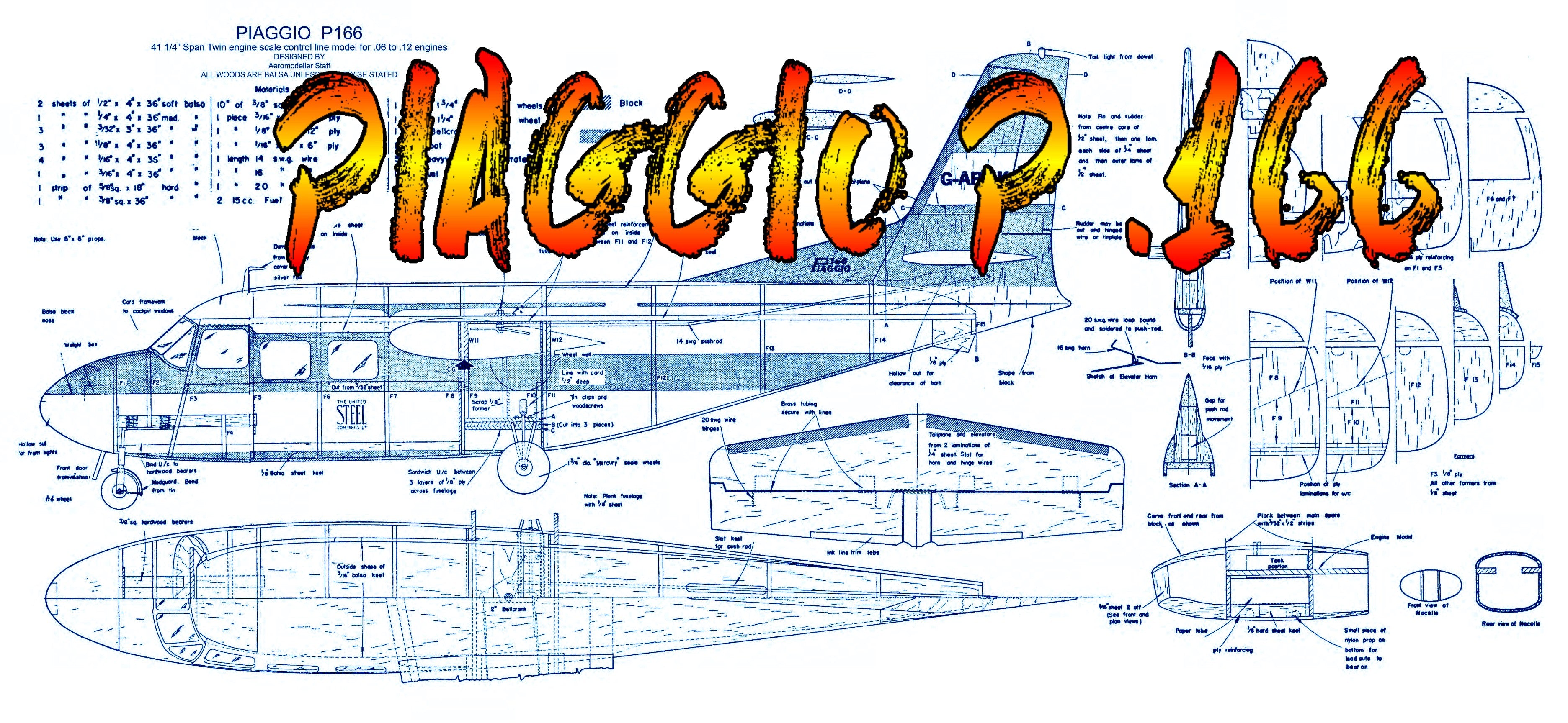full size printed plans scale 7/8” = 1ft  control line piaggio p .166 kept as simple as possible