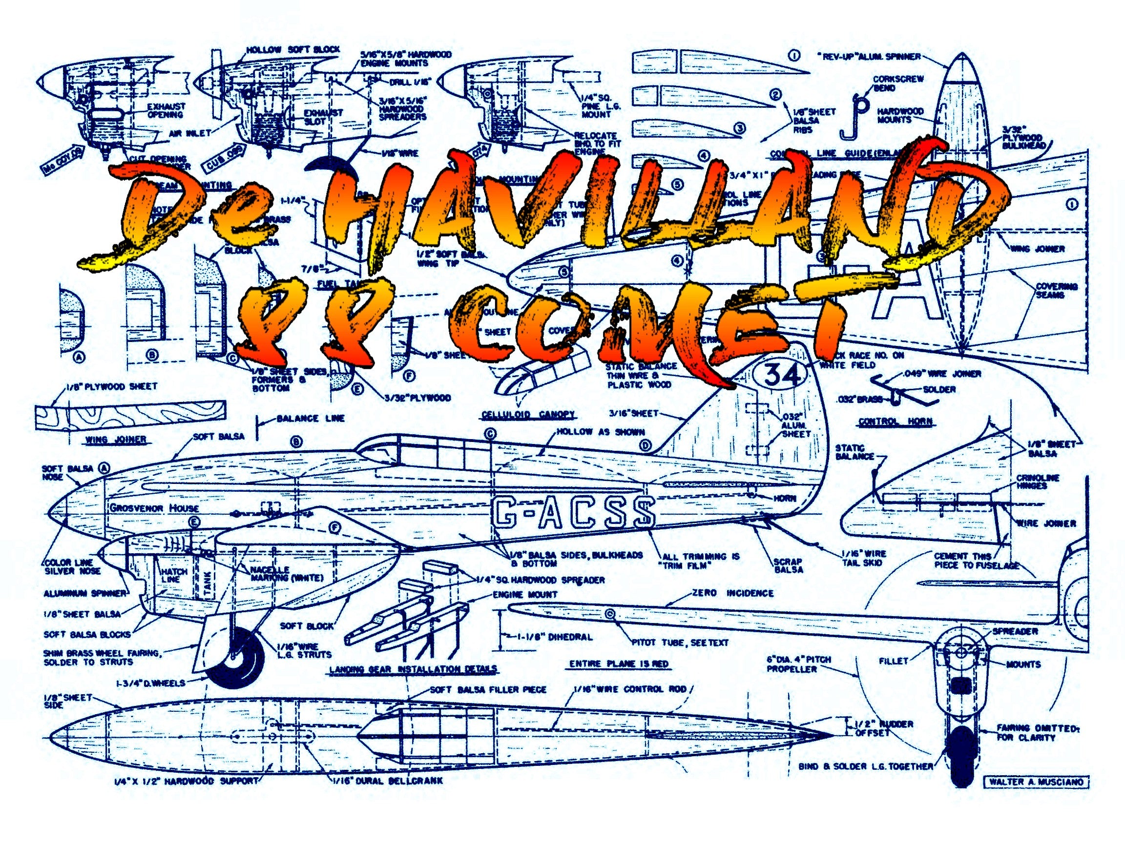 full size printed plans scale 1:16  control line 'comet dh 88' simple and economical construction